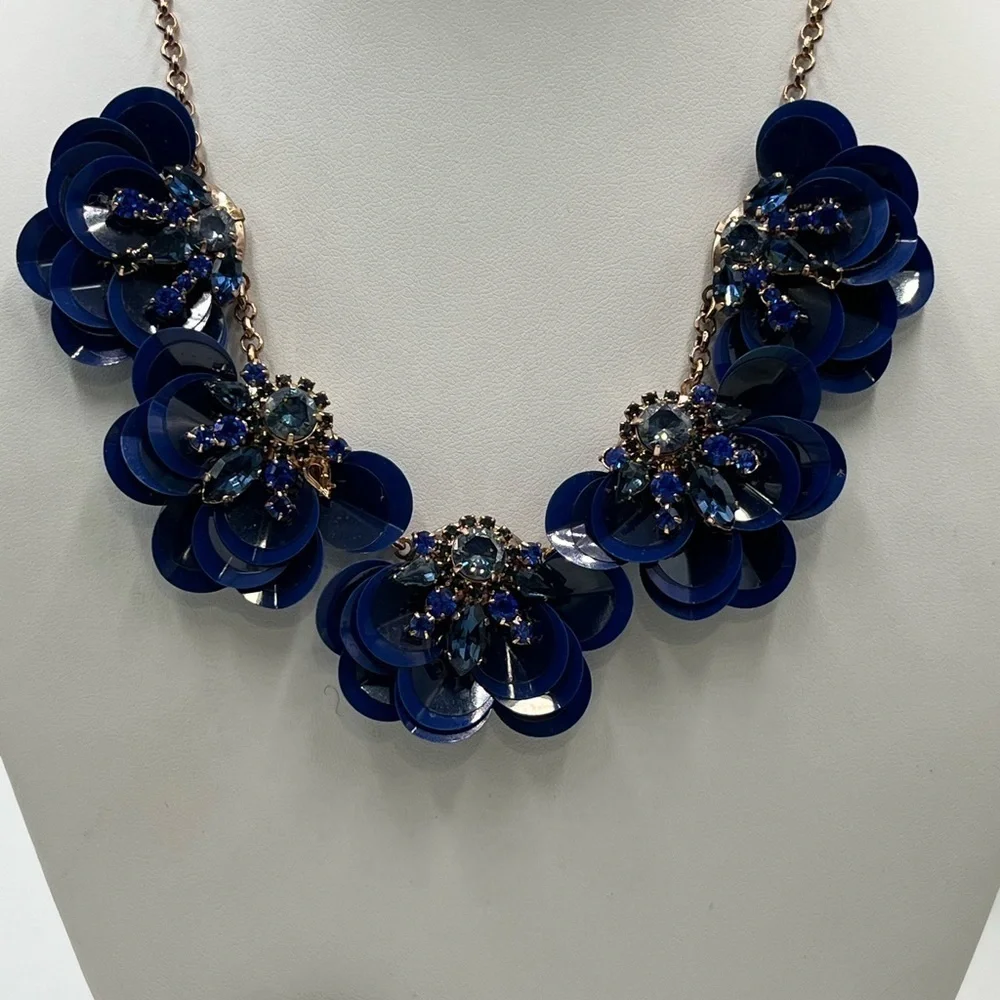 Kate Spade New York Blue Snowy Nights Sequined Flower AB Statement Rose Necklace